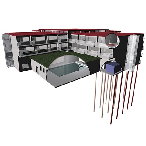 3D illustratie Energie uit dak opslaan in bodem